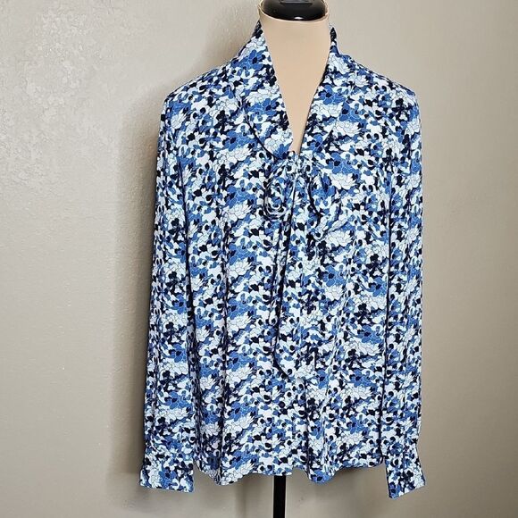 Brooks Brothers‎ 6 Blue and White Floral Tie Neck Long Sleeve Button Up Shirt - Picture 2 of 9